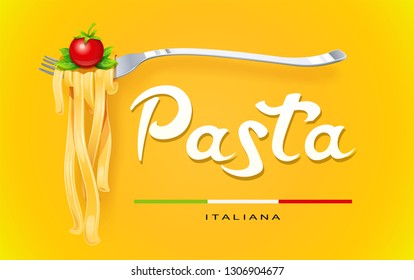 Pasta at fork with basil and tomato. Concept for traditional italian food. Spaghetti. Organic meal. Natural eating. Cooking lunch. Macaroni design. Yellow Isolated white. Eps10 illustration.