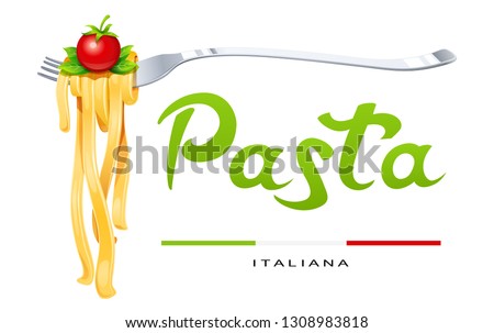 Pasta at fork with basil and tomato. Concept for traditional italian food. Spaghetti. Organic meal. Natural eating. Cooking lunch. Macaroni design. Isolated white background. Eps10 illustration.