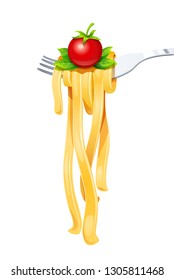 Pasta at fork with basil and tomato. Spaghetti. Organic meal. Traditional italian food. Natural eating. Cooking lunch. Macaroni design. Isolated white background. Eps10 vector illustration.