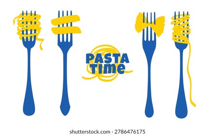 Pasta fork illustration with spaghetti in a flat vintage style. Italian food poster and typography design for restaurant menu, kitchen graphics and cooking concepts.