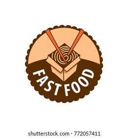 Pasta fork vector logo, fork with pasta roll symbol, concept of noodles brand, food, culinary modern trendy identity, flat pasta logotype design isolated on white background