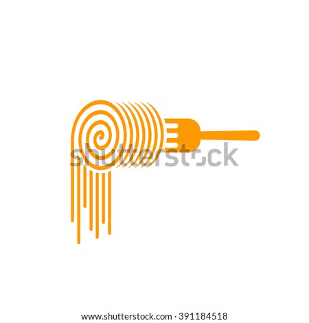Pasta fork vector logo, fork with pasta roll symbol, concept of noodles brand, food, culinary modern trendy identity, flat pasta logotype design isolated on white background