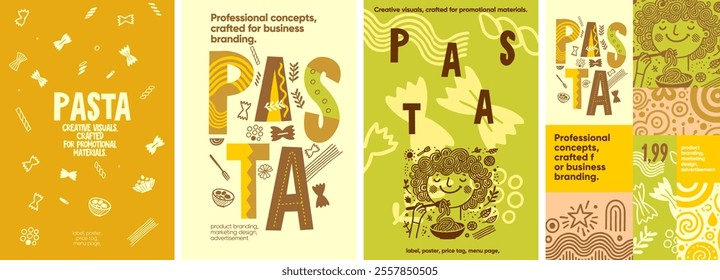 Pasta. Fun and playful pasta-themed designs with hand-drawn elements, ideal for food packaging, posters, and advertising in stores and markets.