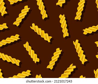  Pasta fusilli on a dark background seamless pattern. Symbol of italian cuisine menu. Vector cartoon background