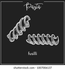 Pasta Fusilli spiral chalk sketch for Italian cuisine menu or packaging design on black background