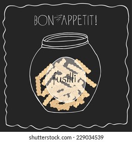 Pasta in glass jar on a white background.