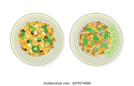 Pasta with Green Vegetables and Potherbs as Vegetarian Dish Above View Vector Set