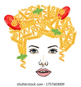 Pasta hairstyle, spaghetti girl at white background, vector illustration. Food on woman character head, yellow pasta with greens and tomato. Bright waves hair from restaurant meal, italian food.