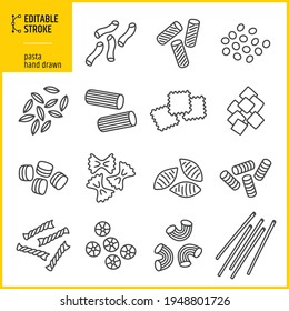 pasta hand drawn icons set - 
pasta varieties - macaroni - editable stroke