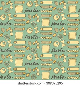 Pasta. Hand-drawn cartoon pattern with different kinds of pasta. Doodle drawing. Vector illustration. 
