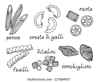 Pasta hand-drawn vector set on white background