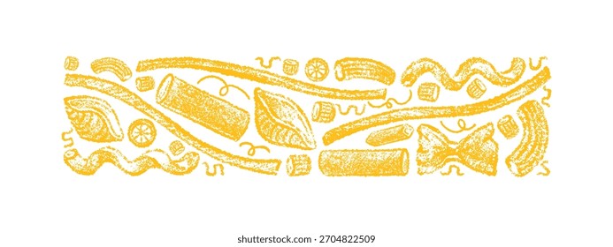 Diseño Horizontal de pasta, impresión dibujada a mano de tiza de macarrones. Ilustración Abstractas. Composición vintage de Vector aislada sobre fondo transparente. Comida tradicional italiana