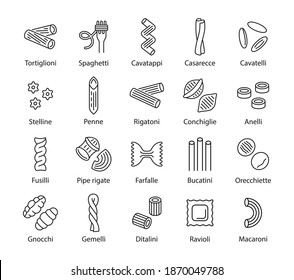 Pasta icon flat set. Line sign italian pasta for web design isolated on white background. Editable stroke. Vector illustration.