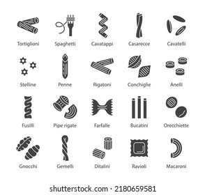 Pasta icon glyph set. Vector illustration with italian noodle, fusilli, macaroni, ravioli, spaghetti, pasta. Sign for web design.