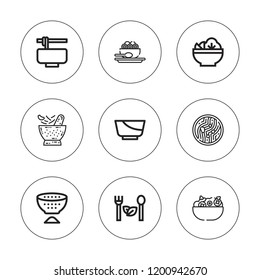 Pasta icon set. collection of 9 outline pasta icons with noodle soup, noodles, strainer icons. editable icons.