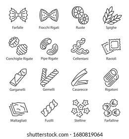 Pasta, icon set. macaroni various shapes with the name, linear icons. Farfalle, Fusilli, Rigatoni, Ravioli, Farfalline, Stelline, etc. Line with editable stroke