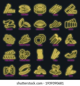 Pasta icon set. Outline set of pasta vector icons neon color on black