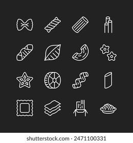 Pasta icon set, white lines on black background. Various macaroni shapes. Italian dishes. Customizable line thickness