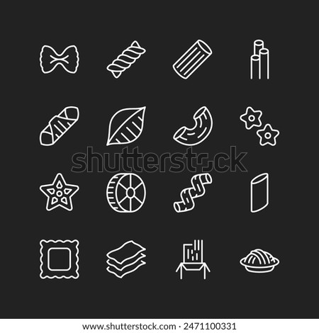 Pasta icon set, white lines on black background. Various macaroni shapes. Italian dishes. Customizable line thickness