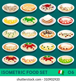 Pasta Icons COMPLETE Collection 3D Flat Vector Icon Set Of Italian Menu Pasta Salad Recipes Carbonara Chicken Shrimp Scampi Zucchini Pesto Pasta Bolognese Dish Vector Illustration.