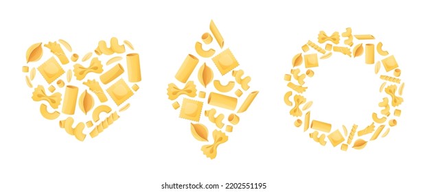 Pasta icons. Heart shape poster, diamond shape and circle frame with macaroni vector background set of heart design pasta