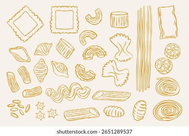 Ícones da pasta. Macaroni símbolos de alimentos com farfalle penne fusilli ravioli espaguete tortellini lasagna fettuccine, tipos tradicionais de macarrão italiano. Conjunto desenhado à mão vetor.