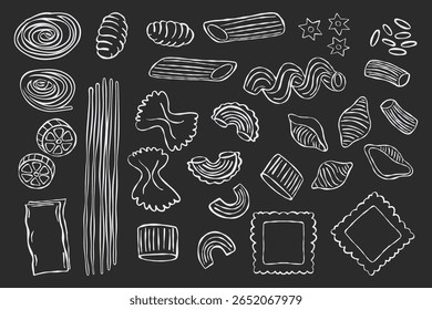 Ícones da pasta. Macaroni símbolos de alimentos com penne farfalle ravioli fusilli espaguete tortellini lasagna fettuccine, tipos tradicionais de macarrão italiano. Conjunto desenhado à mão de vetor