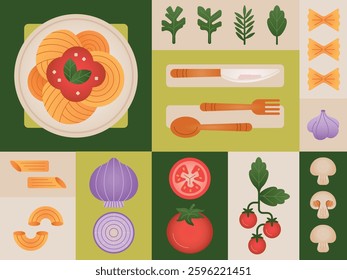 Pasta illustration divided into squares: spaghetti, farfalle, macaroni, penne, a wooden board, spoon, knife and fork, herbs like cilantro, rosemary, basil, plus onion, tomato, champignon, and garlic.