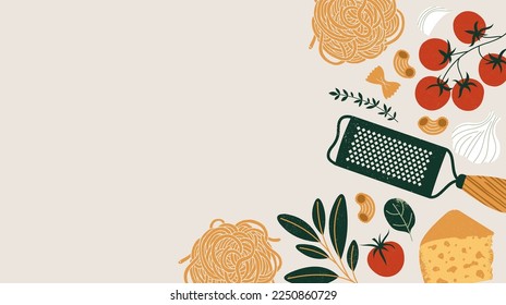 Pasta ingredients. Cheese grater with the different kinds of pasta. Textured illustration. Italian food horizontal background. Vector illustration