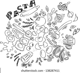 Pasta and ingredients for cooking italian food, black and white sketchy doodle.