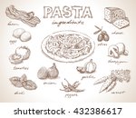 Pasta with ingredients free hand drawing, sketch style