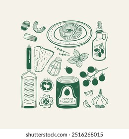 Ingredientes de pasta. Conjunto de comida italiana. Estilo Antiguas. Ilustración vectorial