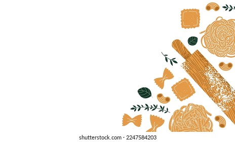 Pasta ingredients. Rolling pin with the different kinds of pasta. Textured illustration. Italian food horizontal background. Vector illustration.