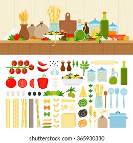 Pasta ingredients vector flat illustrations. Products for cooking pasta on the table in the kitchen. Italian cuisine concept. Noodles, tomatoes, spices isolated on white background