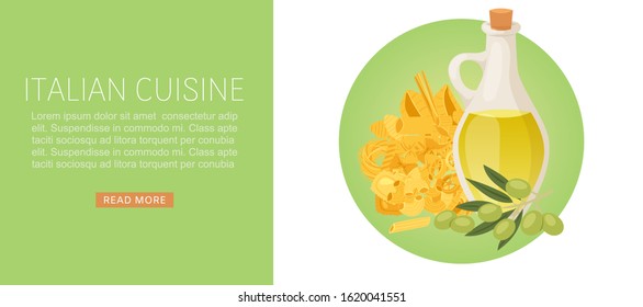 Pasta Italian cuisine with different types fusilli, spaghetti, ravioli and olive oil web banner vector illustration. Italian cuisine restaurant, cooking course or cafe webpage.
