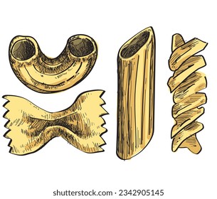 pasta italian food icon pen colored drawing on white background penne farfalle