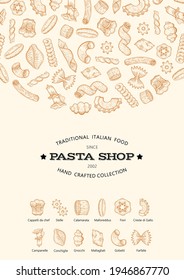 Pasta italian food vector illustration. Vintage Macaroni set icon. Restaurant, craft shop menu poster in sketch style. Kitchen background design. Fusilli, rigatoni, farfalle pasta drawing from Italy