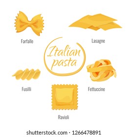 Pasta of Italy, farfalle, lasagne, fettuccine and ravioli, fusilli