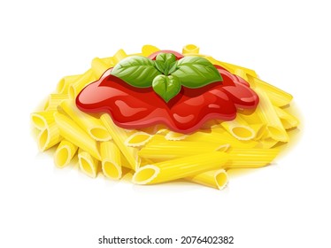 Pasta with ketchup. Macaroni. Basil leaf. Traditional italian food. Isolated on white background. Eps10 vector illustration.