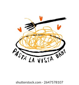 Pasta La Vista Baby Fun Playful Design Spanish Language Lettering Italian Food Theme Positive Vibe Contemporary Style Clipart Kitchen Color Poster. 3D Illustration