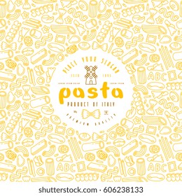 Pasta label and frame with pattern. Design elements in thin line style. Color print on white background