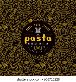 Pasta label and frame with pattern. Design elements in thin line style. Color print on black background