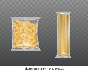 Pasta In Limpid Package Set, Dry Packaged Fusilli Macaroni Spirals And Spaghetti Isolated On Transparent Background, Design Elements For Food Advertising. Realistic 3d Vector Illustration, Clip Art