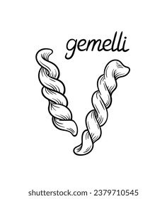 Konzept der Pasta-Linie. Gemelli Form von Makkaroni. Traditionelle italienische Küche und Küche. Abendessen und Frühstück. Poster oder Banner. Lineare flache Vektorgrafik einzeln auf weißem Hintergrund
