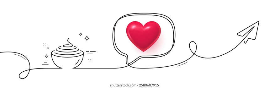 Pasta line icon. Continuous line with share plane. Spaghetti plate sign. Noodle bowl symbol. 3d heart in speech bubble. Pasta single line ribbon. Loop curve pattern. Vector