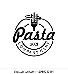 pasta logo design template vector.  Round linear logo of spaghetti with fork on white background