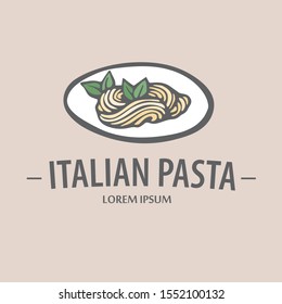 Pasta logo. Hand drawn vector illustration of plate with spaghetti. Stock vector Italian logo.
