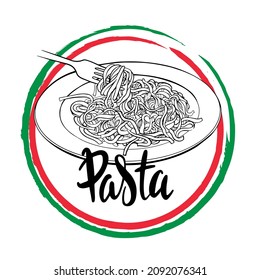 Pasta logo, handwritten lettering, sketch dish with pasta
