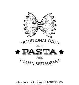 Pasta logo. Italian food vector icon. Food illustration with pasta from Italy. Restaurant cooking line menu label. Macaroni design logotype. Art cuisine sketch. Vintage kitchen typography logo