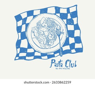 Pasta love club artwork for t shirt print, poster, sticker and other uses. Pasta club. Noodles artwork.